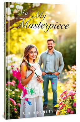 A romantic book cover depicting a young woman standing in a sunlit garden, holding a paintbrush with colorful splashes of paint around her, symbolizing her growth and creativity