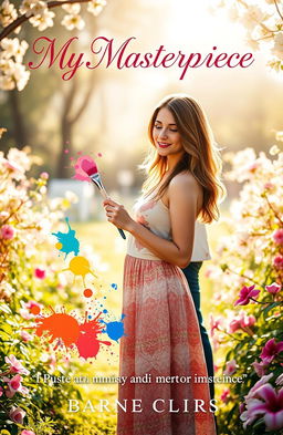 A romantic book cover depicting a young woman standing in a sunlit garden, holding a paintbrush with colorful splashes of paint around her, symbolizing her growth and creativity