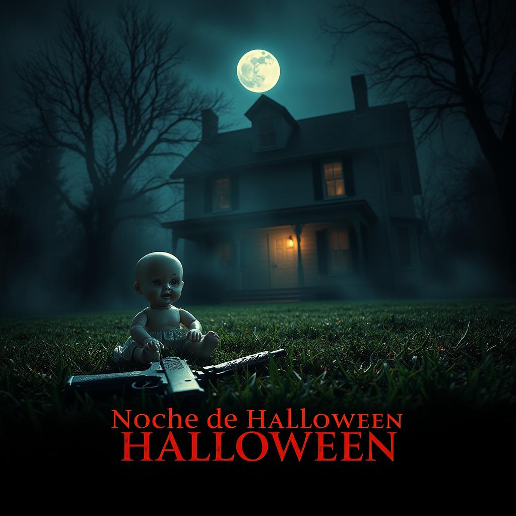 A cinematic movie poster titled 'Noche de Halloween', featuring a spooky backyard of a haunted house