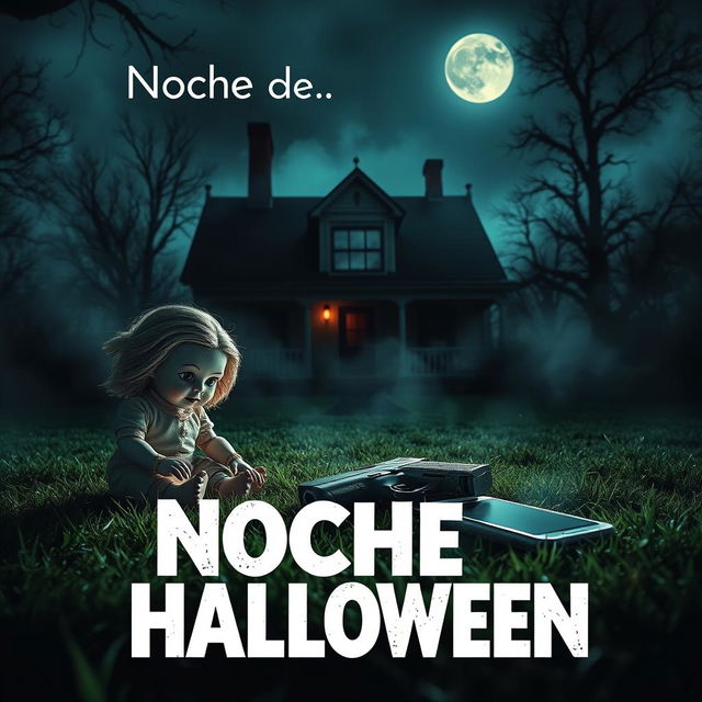 A cinematic movie poster titled 'Noche de Halloween', featuring a spooky backyard of a haunted house