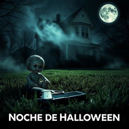 A cinematic movie poster titled 'Noche de Halloween', featuring a spooky backyard of a haunted house