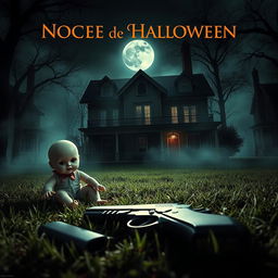 A cinematic movie poster titled 'Noche de Halloween', featuring a spooky backyard of a haunted house