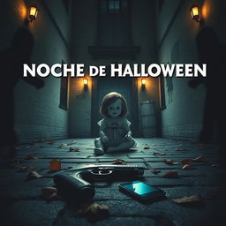 A cinematic movie poster titled 'Noche de Halloween', set in the eerie interior courtyard of a house