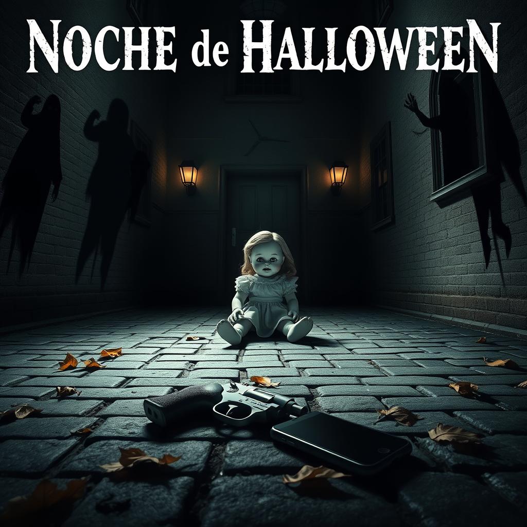 A cinematic movie poster titled 'Noche de Halloween', set in the eerie interior courtyard of a house