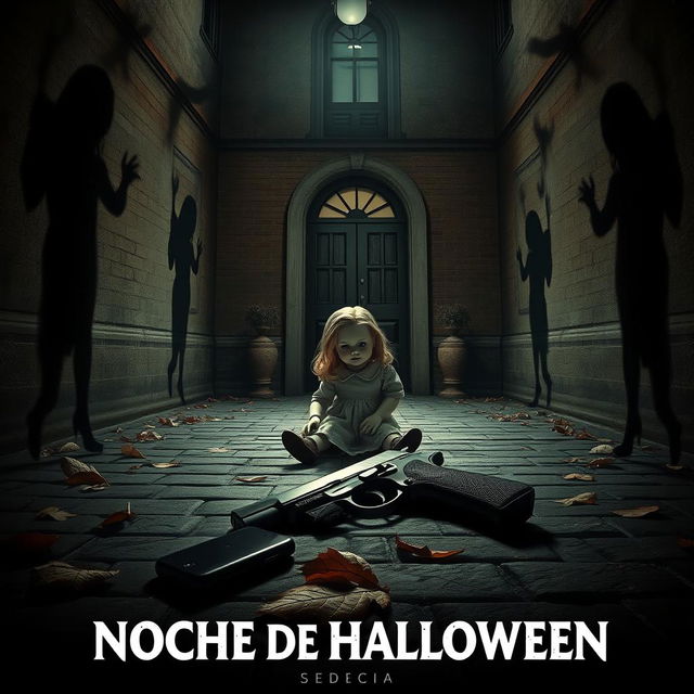 A cinematic movie poster titled 'Noche de Halloween', set in the eerie interior courtyard of a house