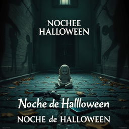 A cinematic movie poster titled 'Noche de Halloween', set in the eerie interior courtyard of a house