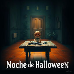 A cinematic movie poster titled 'Noche de Halloween', set in the eerie interior courtyard of a house