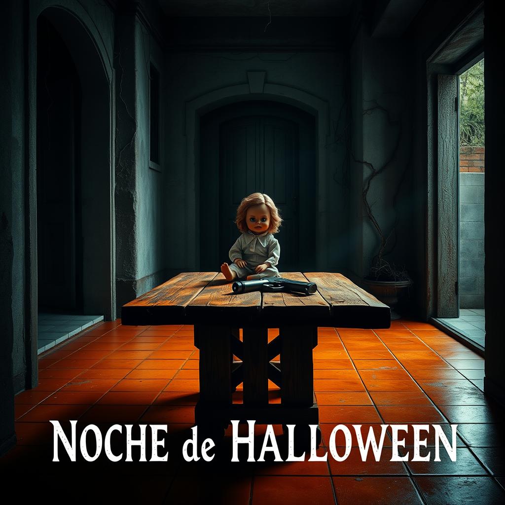 A cinematic movie poster titled 'Noche de Halloween', set in the eerie interior courtyard of a house