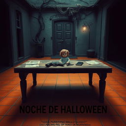 A cinematic movie poster titled 'Noche de Halloween', set in the eerie interior courtyard of a house