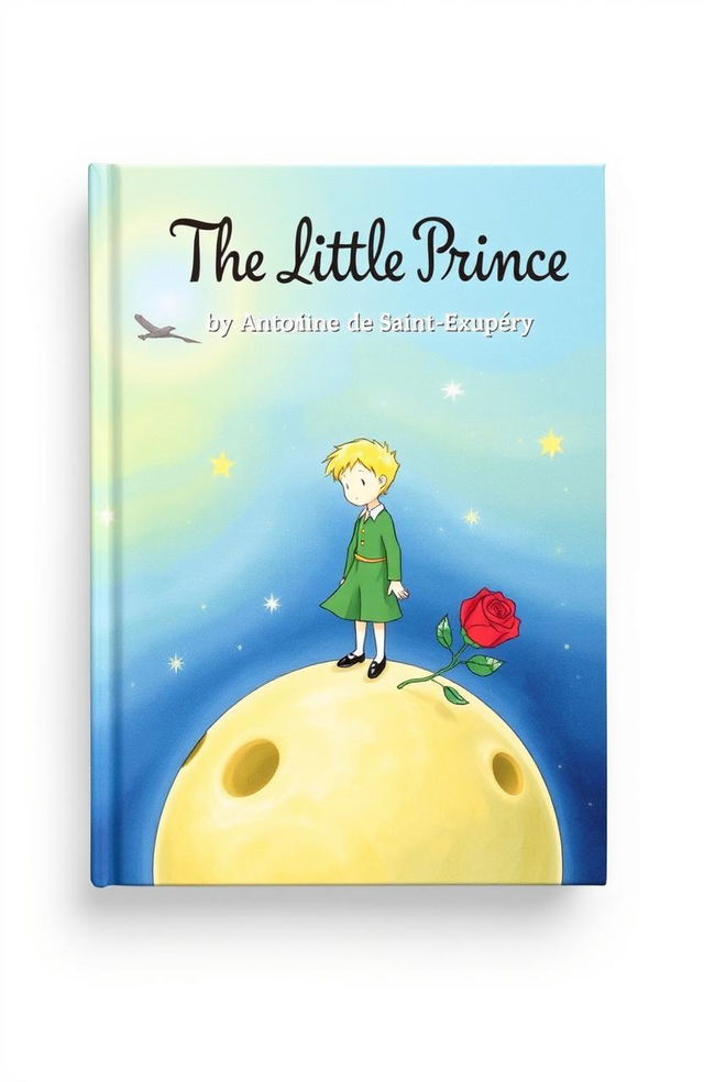 A beautifully illustrated book cover for 'The Little Prince' featuring the titular character, a small boy with blond hair dressed in a green outfit, standing on a tiny planet surrounded by stars and a rose