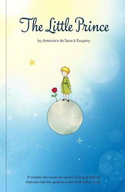 A beautifully illustrated book cover for 'The Little Prince' featuring the titular character, a small boy with blond hair dressed in a green outfit, standing on a tiny planet surrounded by stars and a rose
