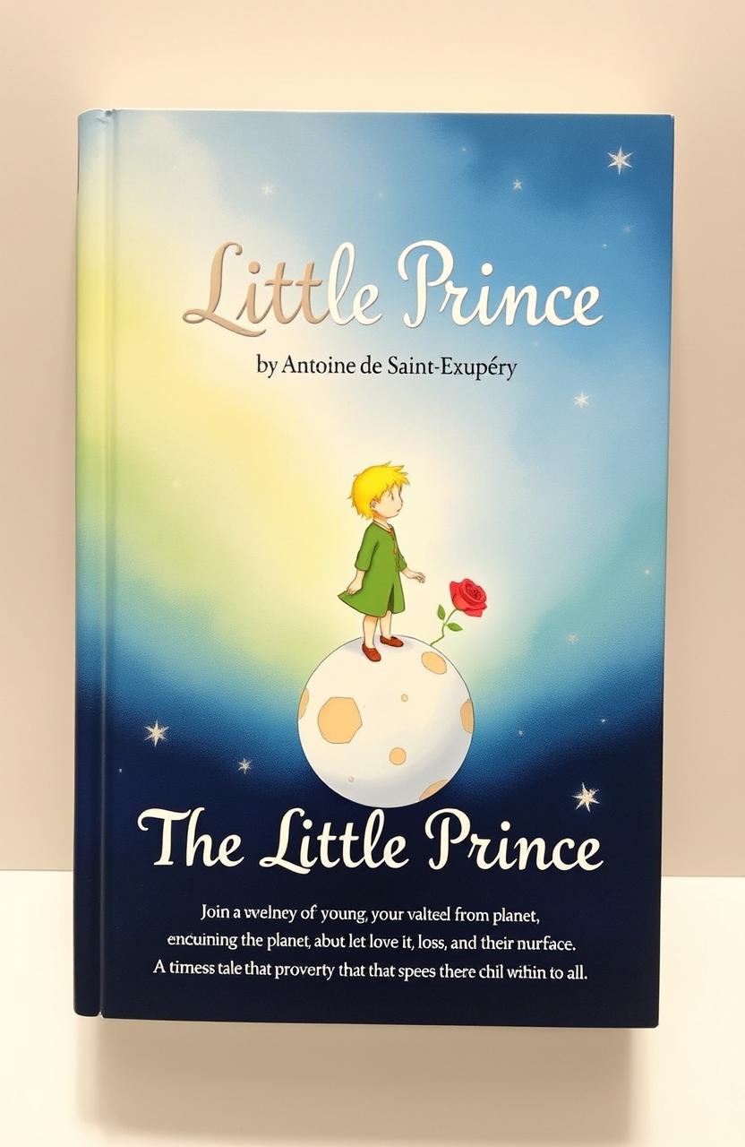 A beautifully illustrated book cover for 'The Little Prince' featuring the titular character, a small boy with blond hair dressed in a green outfit, standing on a tiny planet surrounded by stars and a rose