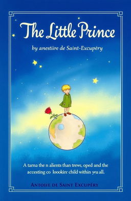 A beautifully illustrated book cover for 'The Little Prince' featuring the titular character, a small boy with blond hair dressed in a green outfit, standing on a tiny planet surrounded by stars and a rose
