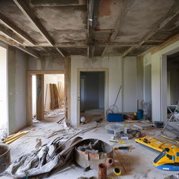 A house in the middle of a massive renovation, with construction material and tools lying around, yet still keeping its charm.