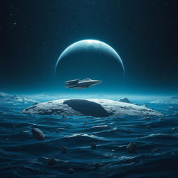A stunning sci-fi scene depicting a futuristic spaceship gracefully landing on the moon's surface, surrounded by a shimmering ice watch encircling the Earth in the distant background
