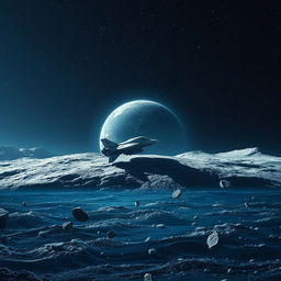 A stunning sci-fi scene depicting a futuristic spaceship gracefully landing on the moon's surface, surrounded by a shimmering ice watch encircling the Earth in the distant background