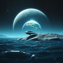 A stunning sci-fi scene depicting a futuristic spaceship gracefully landing on the moon's surface, surrounded by a shimmering ice watch encircling the Earth in the distant background