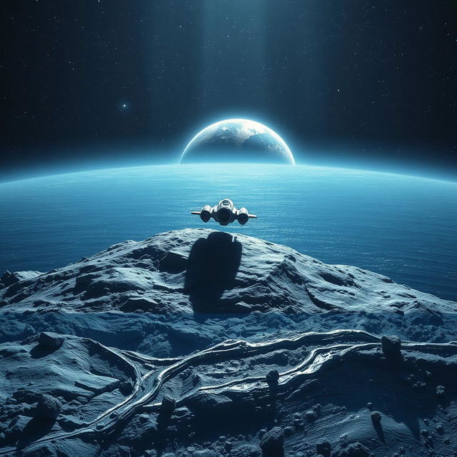 A stunning sci-fi scene depicting a futuristic spaceship gracefully landing on the moon's surface, surrounded by a shimmering ice watch encircling the Earth in the distant background