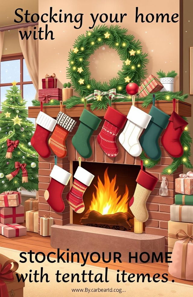 A beautifully illustrated guide to stocking a home with essential items, featuring a cozy living room filled with various types of stockings hanging over a fireplace