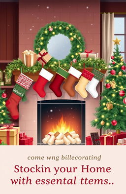 A beautifully illustrated guide to stocking a home with essential items, featuring a cozy living room filled with various types of stockings hanging over a fireplace