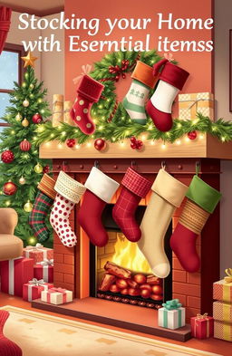 A beautifully illustrated guide to stocking a home with essential items, featuring a cozy living room filled with various types of stockings hanging over a fireplace