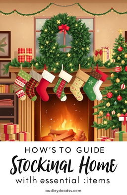 A beautifully illustrated guide to stocking a home with essential items, featuring a cozy living room filled with various types of stockings hanging over a fireplace