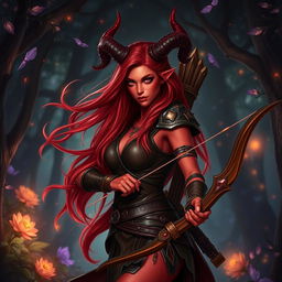 A mystic, fiery, and seductive female tiefling ranger with vibrant red skin and striking splitting horns
