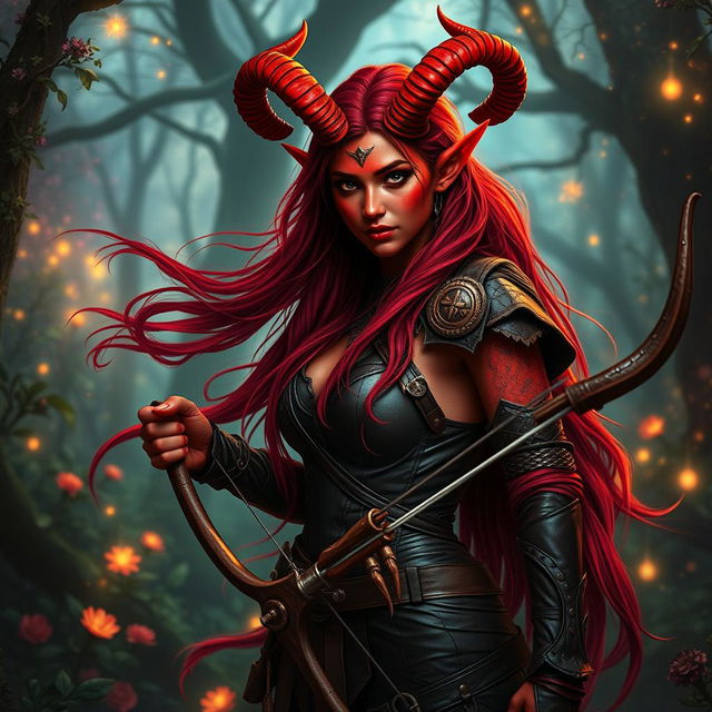 A mystic, fiery, and seductive female tiefling ranger with vibrant red skin and striking splitting horns