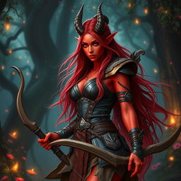 A mystic, fiery, and seductive female tiefling ranger with vibrant red skin and striking splitting horns