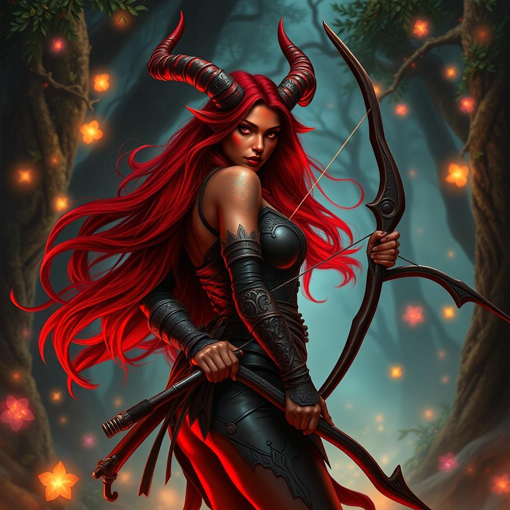 A mystic, fiery, and seductive female tiefling ranger with vibrant red skin and striking splitting horns