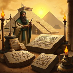 A detailed artistic representation of the ancient Mesopotamian legal code, featuring cuneiform inscriptions on clay tablets, surrounded by historical artifacts such as ancient scales and a stylized backdrop of a ziggurat