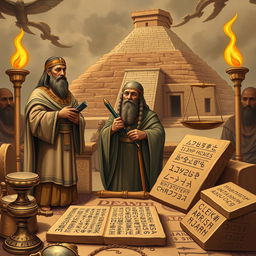 A detailed artistic representation of the ancient Mesopotamian legal code, featuring cuneiform inscriptions on clay tablets, surrounded by historical artifacts such as ancient scales and a stylized backdrop of a ziggurat