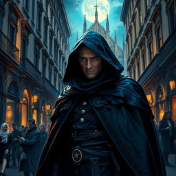 A vibrant and captivating scene of a mysterious character named Kudasov, wearing an elaborate dark cloak, standing under the flickering lights of an ancient street in Milan, Italy