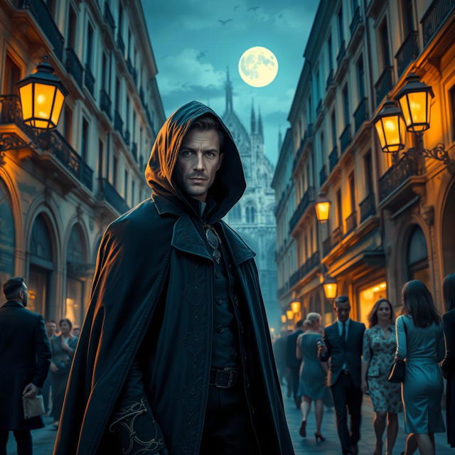 A vibrant and captivating scene of a mysterious character named Kudasov, wearing an elaborate dark cloak, standing under the flickering lights of an ancient street in Milan, Italy