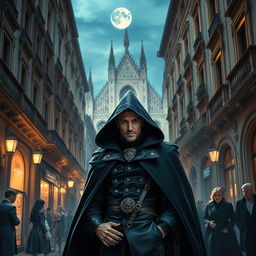 A vibrant and captivating scene of a mysterious character named Kudasov, wearing an elaborate dark cloak, standing under the flickering lights of an ancient street in Milan, Italy