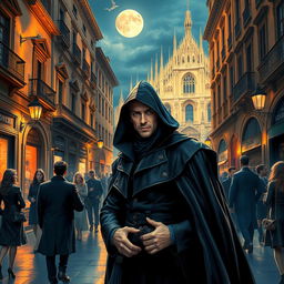 A vibrant and captivating scene of a mysterious character named Kudasov, wearing an elaborate dark cloak, standing under the flickering lights of an ancient street in Milan, Italy