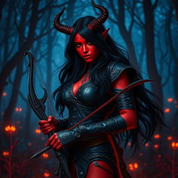 A mystic, fiery, and seductive female tiefling ranger with vibrant red skin, striking black hair, and uniquely splitting horns