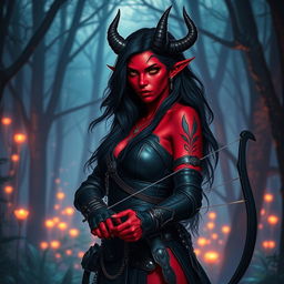 A mystic, fiery, and seductive female tiefling ranger with vibrant red skin, striking black hair, and uniquely splitting horns