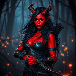 A mystic, fiery, and seductive female tiefling ranger with vibrant red skin, striking black hair, and uniquely splitting horns