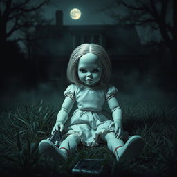 A porcelain doll sitting in a spooky backyard of a house, exuding a sinister aura for a horror movie poster