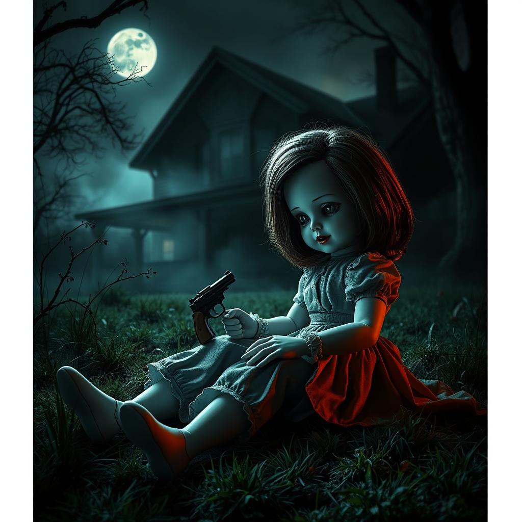 A porcelain doll sitting in a spooky backyard of a house, exuding a sinister aura for a horror movie poster