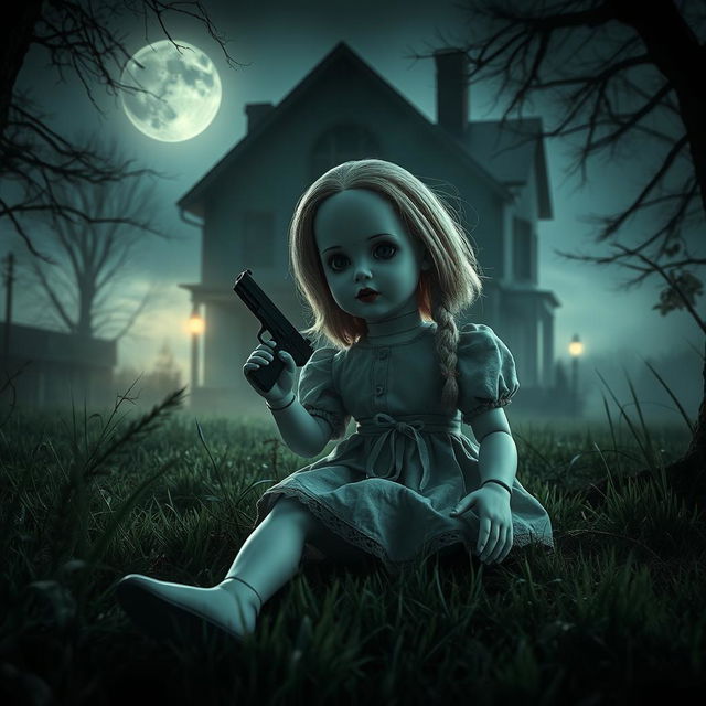 A porcelain doll sitting in a spooky backyard of a house, exuding a sinister aura for a horror movie poster