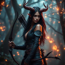 A mystic and fiery female tiefling ranger with enchanting light red skin and striking splitting horns