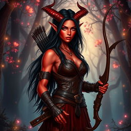 A mystic and fiery female tiefling ranger with enchanting light red skin and striking splitting horns