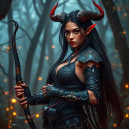 A mystic and fiery female tiefling ranger with enchanting light red skin and striking splitting horns