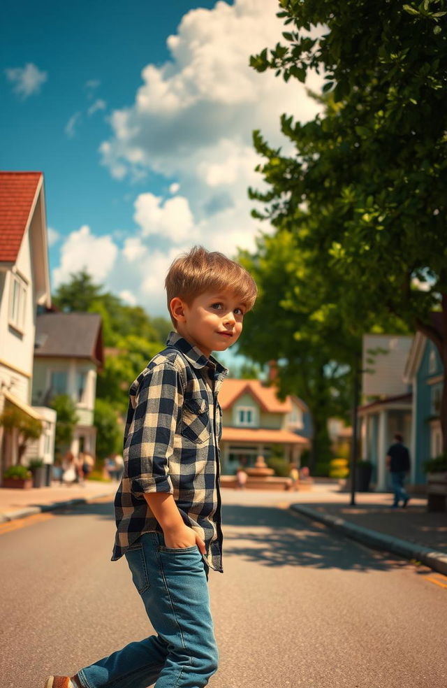 A nostalgic scene depicting a young boy walking along a sunlit street in his old hometown, with traditional houses lining the sides