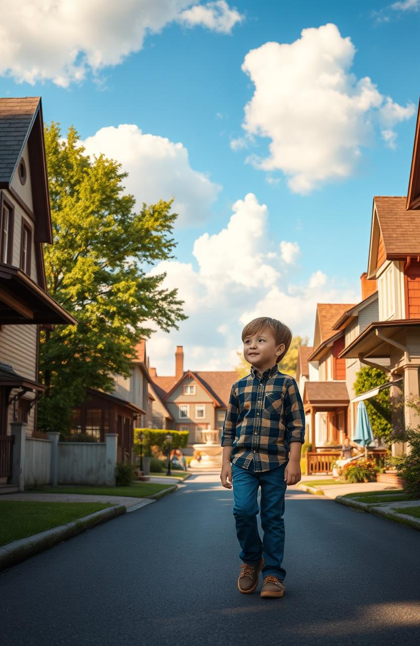 A nostalgic scene depicting a young boy walking along a sunlit street in his old hometown, with traditional houses lining the sides