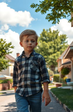 A nostalgic scene depicting a young boy walking along a sunlit street in his old hometown, with traditional houses lining the sides