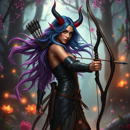 A mystic, fiery, and seductive female tiefling ranger with light red skin and striking splitting horns