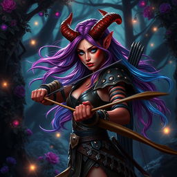 A mystic, fiery, and seductive female tiefling ranger with light red skin and striking splitting horns